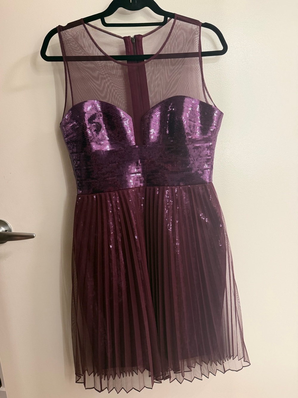 BCBGMaxAzria Burgundy Pleated Sequin Mesh Strapless Cocktail Dress | Small